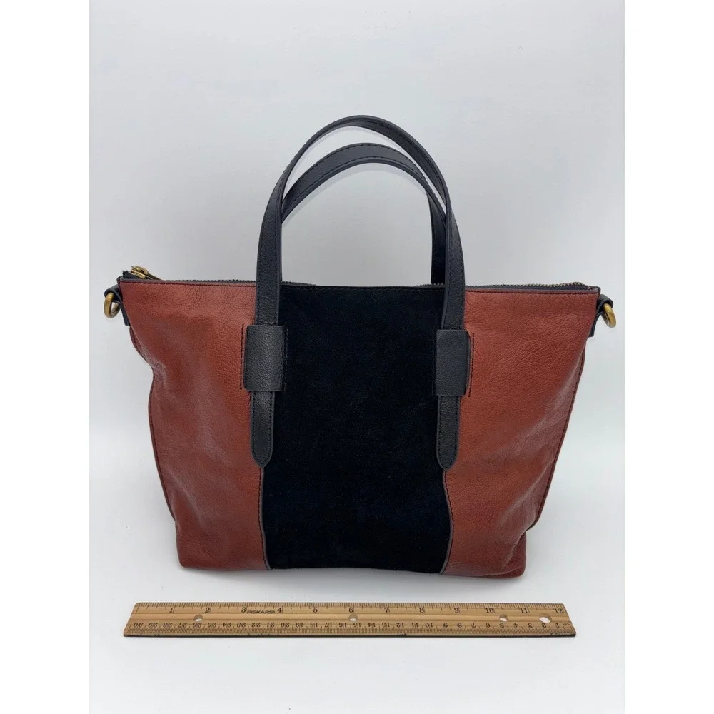 FOSSIL Satchel Brown Leather Handbag Bag‎ Black Suede Skylar RARE Brass Y2K